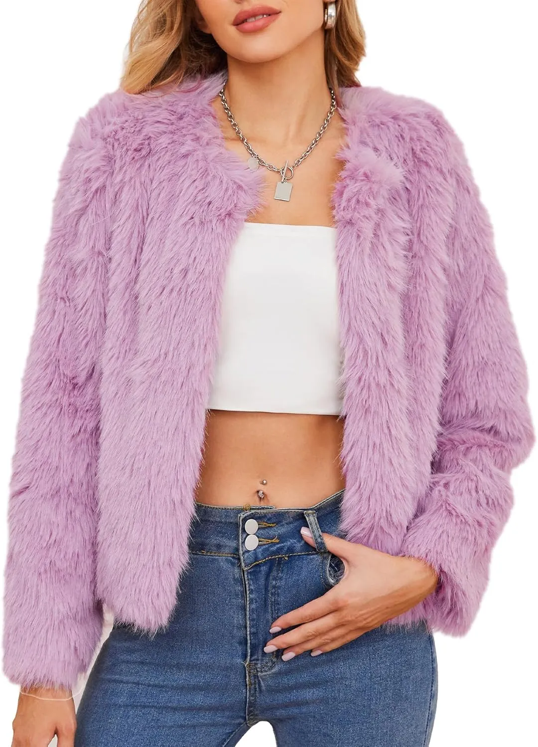 Zando Womens Fur Coat Long Sleeve Pockets Cropped Jacket Women Outwear Warm Winter Coats for Women Fleece Fur Jacket 2025