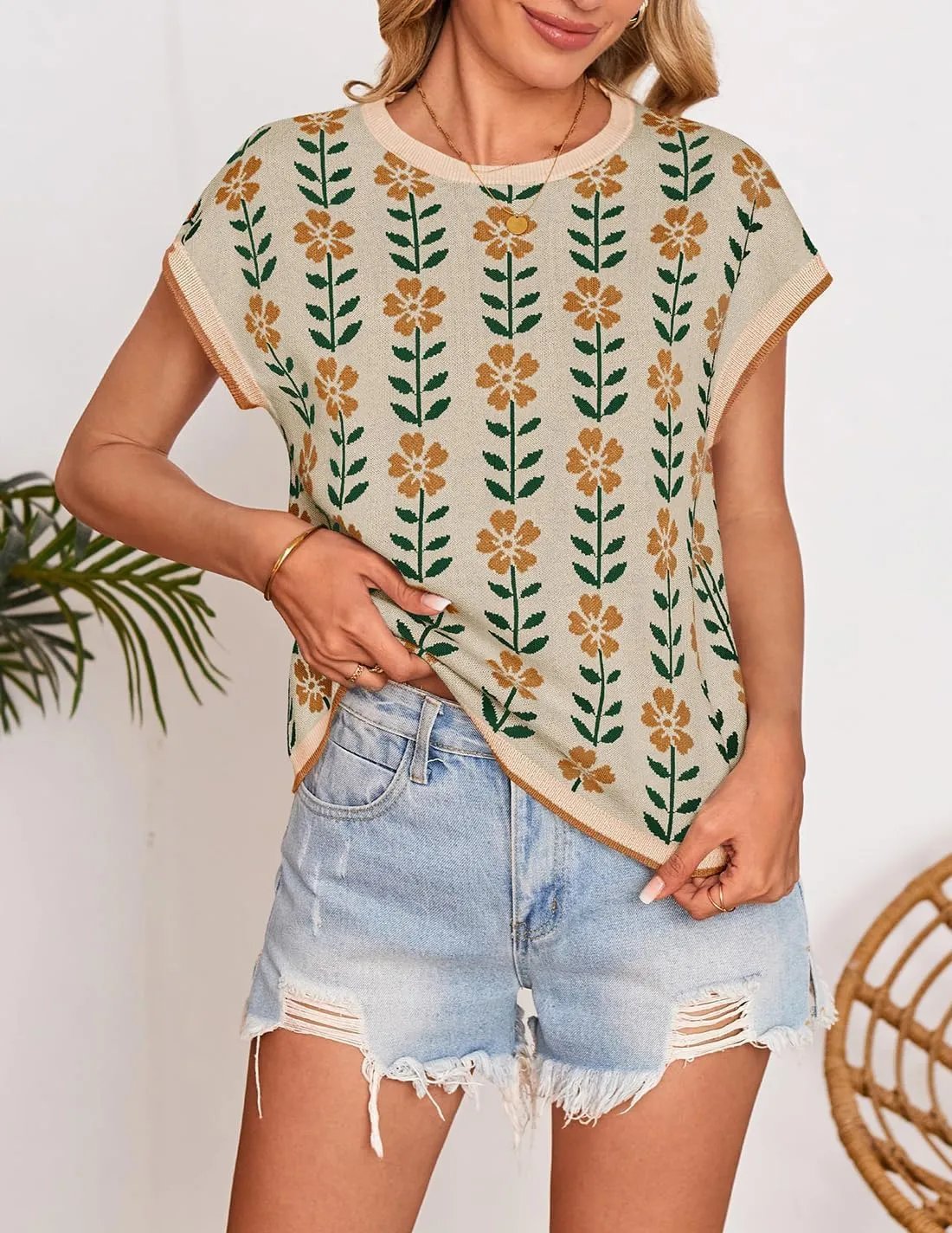 ZESICA Womens Summer Casual Printed Tops Cap Sleeve Crew Neck Cute Knit Sweaters 2025 Trendy Clothes Outfits