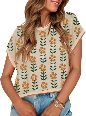 ZESICA Womens Summer Casual Printed Tops Cap Sleeve Crew Neck Cute Knit Sweaters 2025 Trendy Clothes Outfits