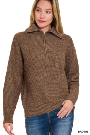 Zip It Up High Collar Brown Sweater (Size Large)