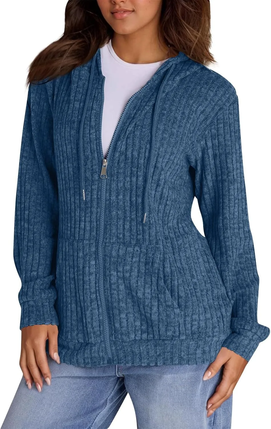 Zip Up Hoodies For Women Drawstring Lightweight Open Cardigan Jacket Fall Comfy Fuzzy Oversized Sweatshirt w/Pockets