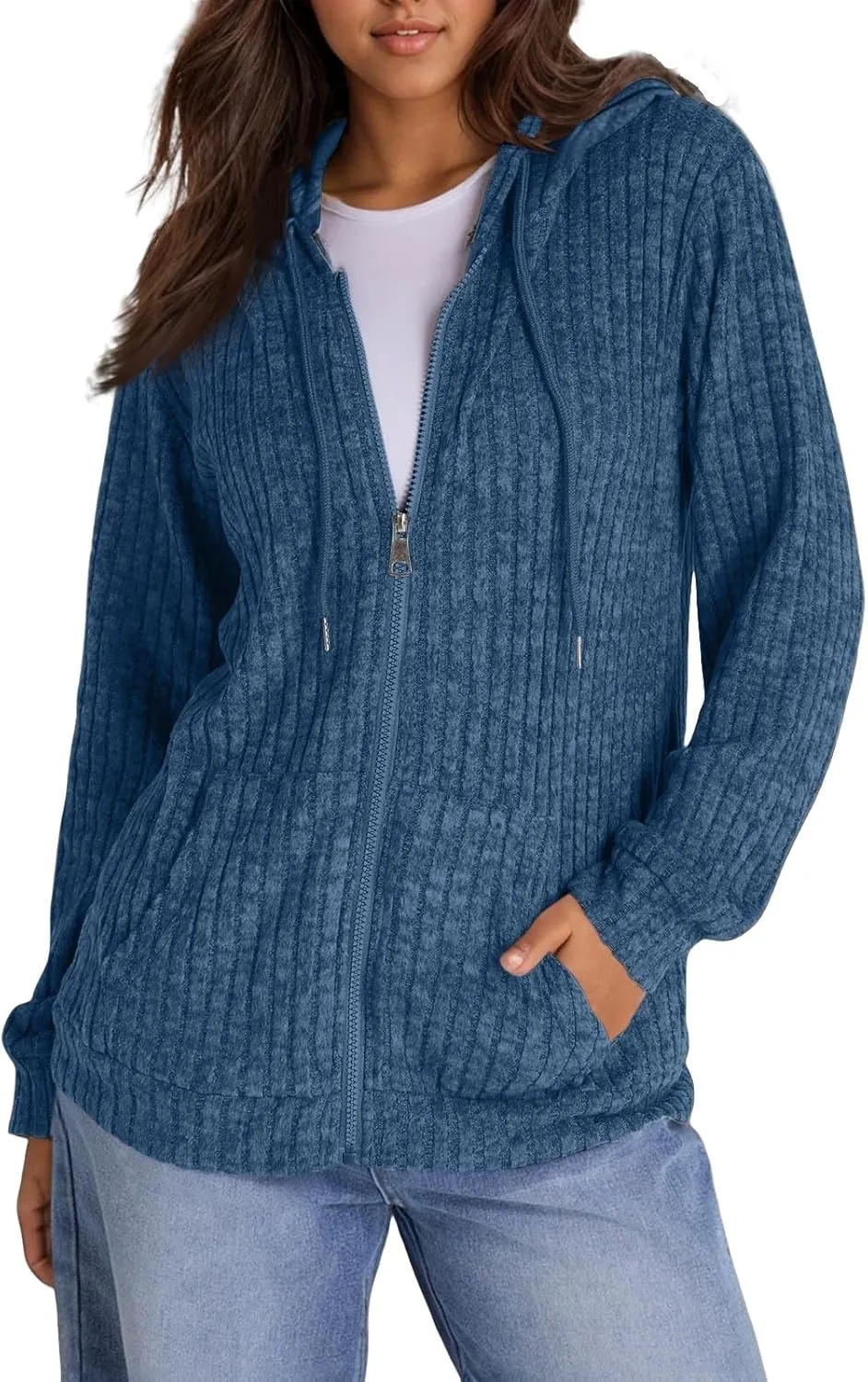 Zip Up Hoodies For Women Drawstring Lightweight Open Cardigan Jacket Fall Comfy Fuzzy Oversized Sweatshirt w/Pockets