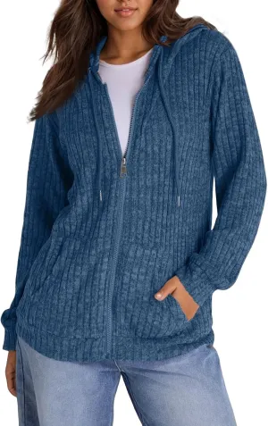 Zip Up Hoodies For Women Drawstring Lightweight Open Cardigan Jacket Fall Comfy Fuzzy Oversized Sweatshirt w/Pockets