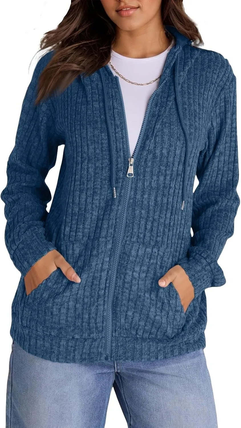 Zip Up Hoodies For Women Drawstring Lightweight Open Cardigan Jacket Fall Comfy Fuzzy Oversized Sweatshirt w/Pockets